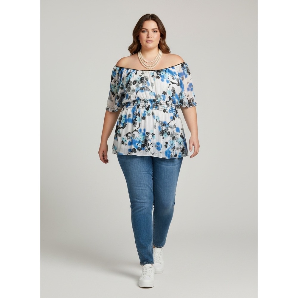 Studio 1940 Floral Chiffon Off Shoulder Smocked Waist Blouse Blue White 22/24W